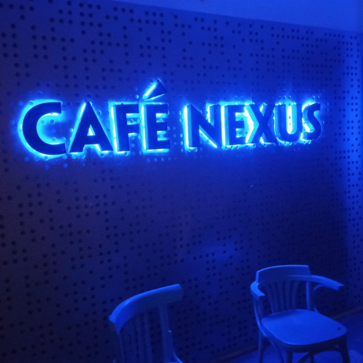 Café Nexus blue interior signage